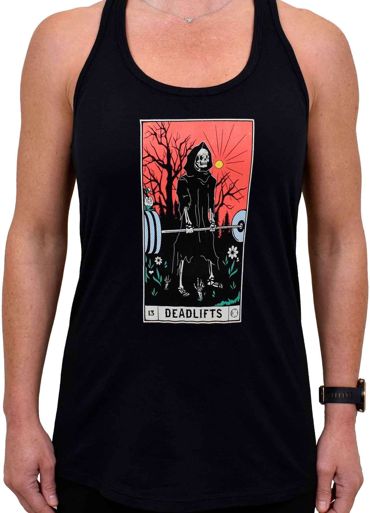 Women's 'DEADLIFTS Tarot Card' Racerback Tank - Black
