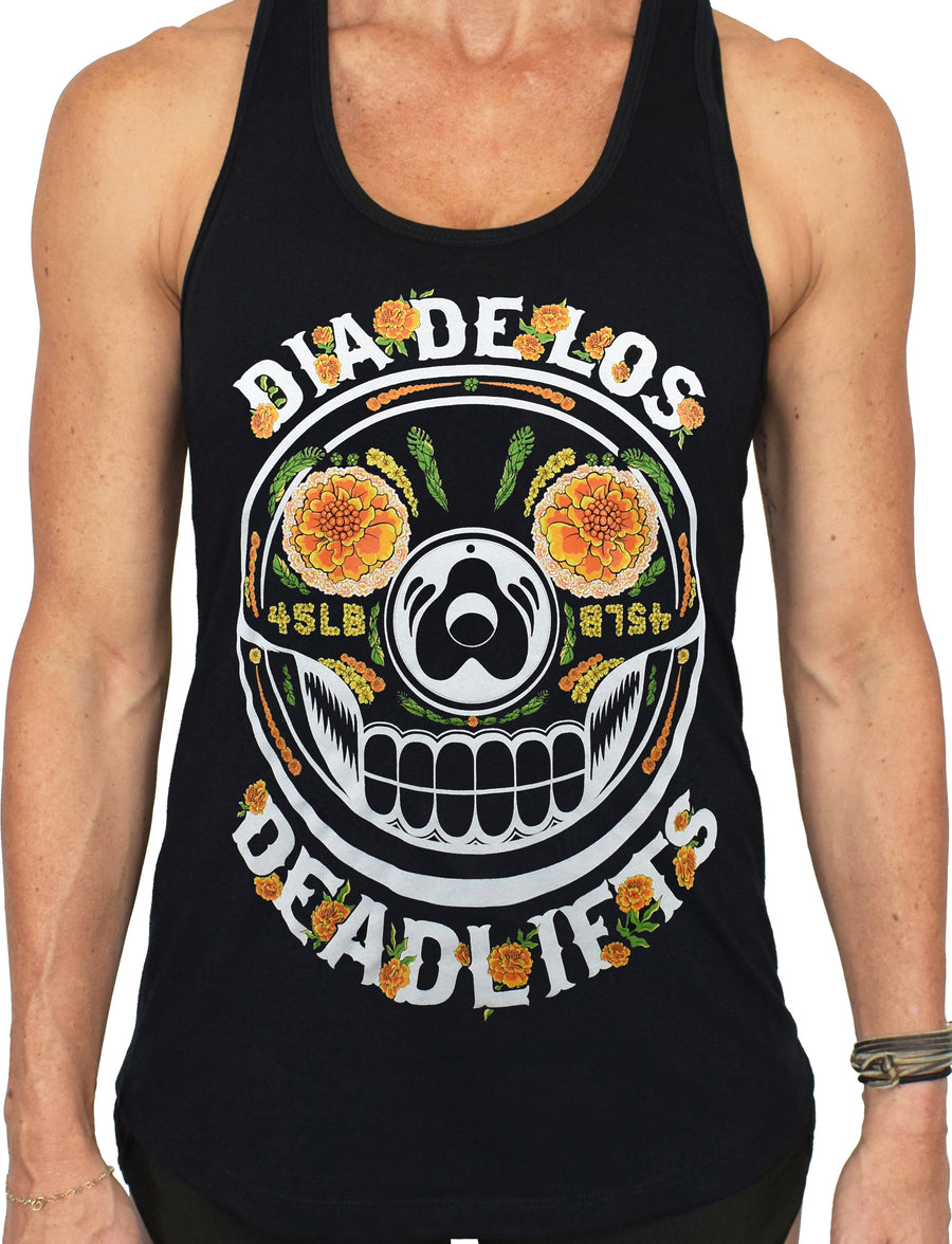 Women's 'Dia de los Deadlifts' Black Racerback Tank - Marigold Edition