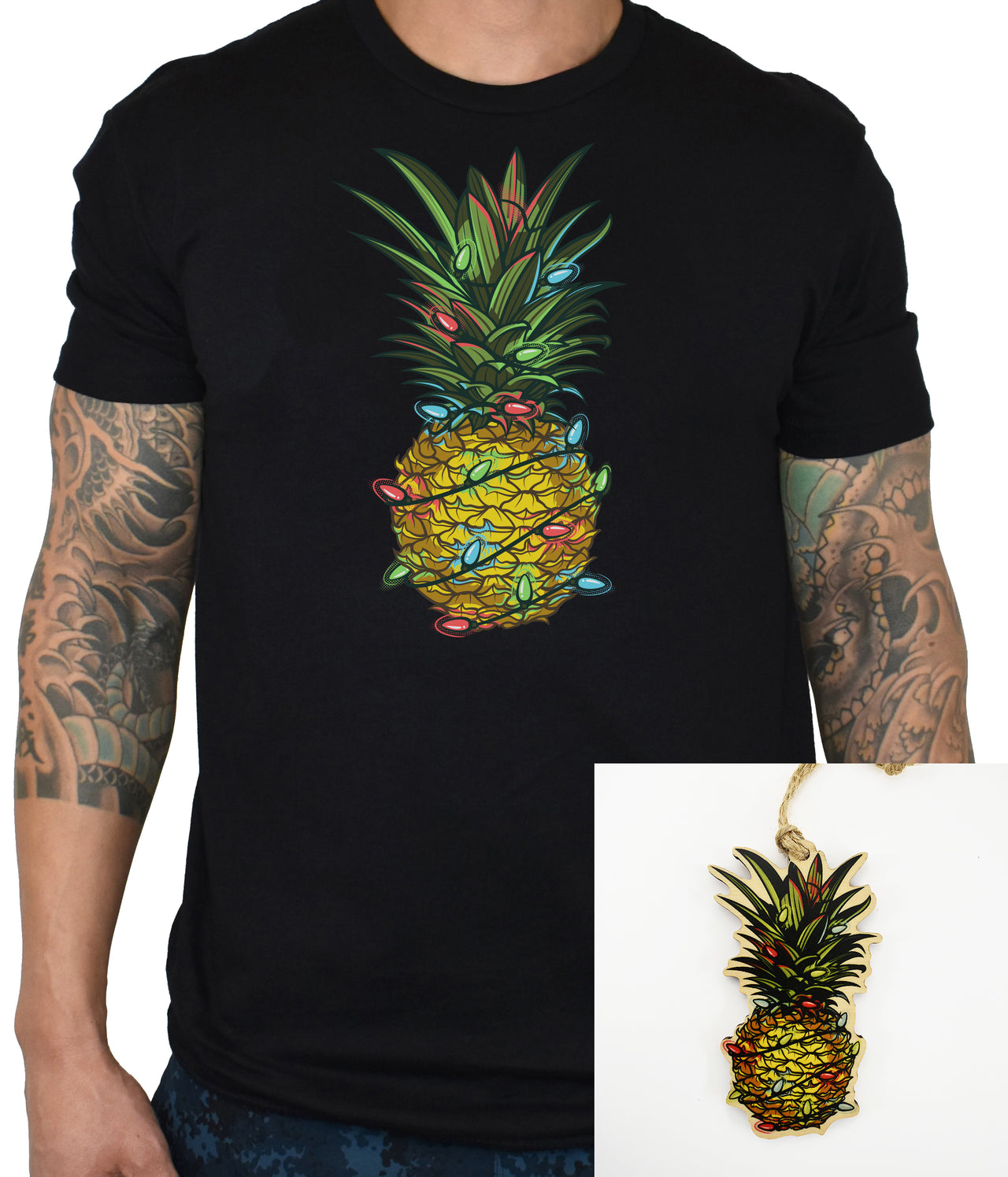 Men's 'Holiday Pineapple' Black Tee/Ornament Combo - PRE-ORDER. ITEM SHIPS 11.21