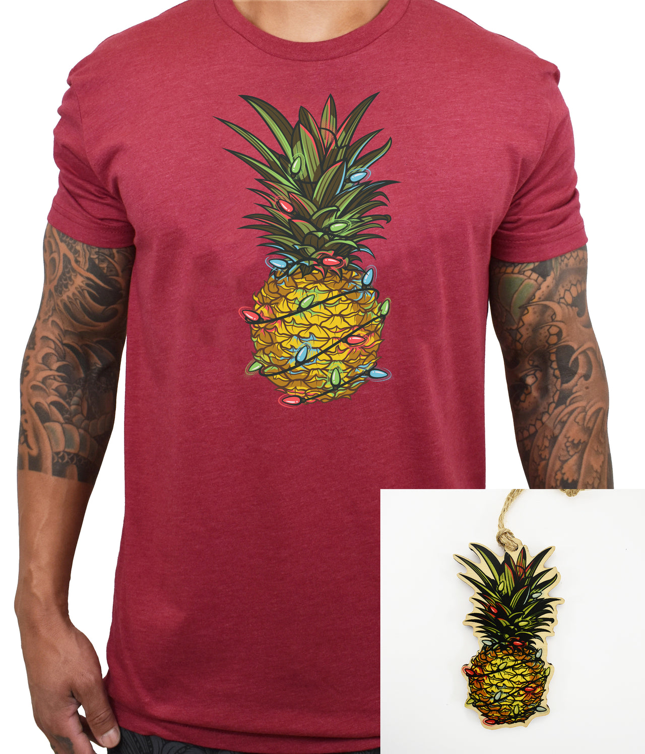Men's 'Holiday Pineapple' Cardinal Tee/Ornament Combo - PRE-ORDER. ITEM SHIPS 11.21