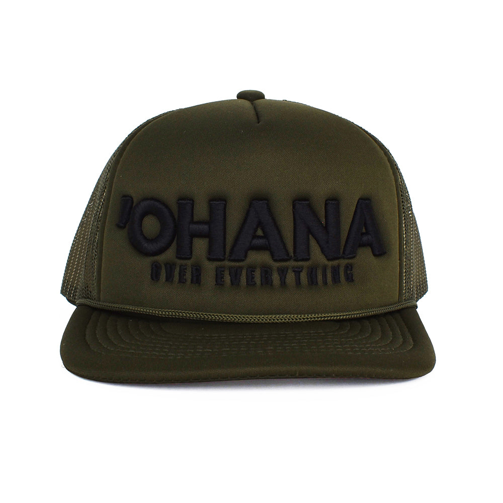 'Ohana Over Everything' Embroidered Trucker Hat - Olive