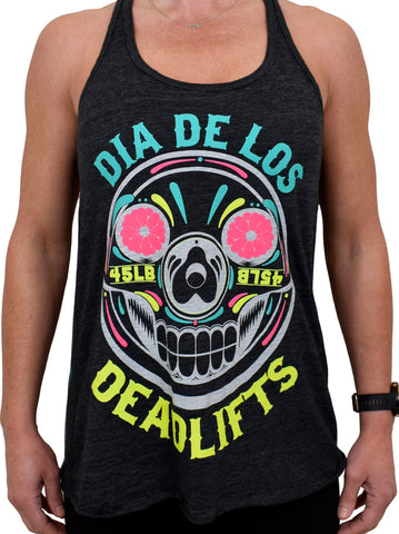 Women's 'Dia de los Deadlifts' Flowy Charcoal Tank - Neon Edition