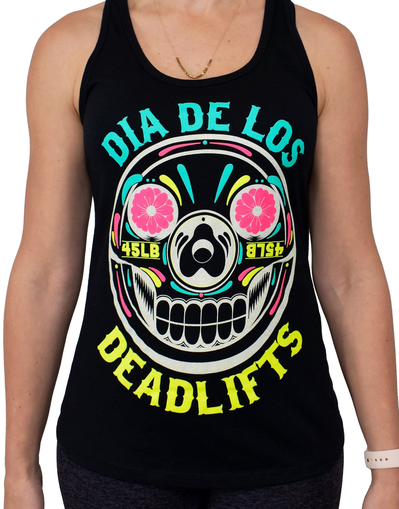 Women's 'Dia de los Deadlifts' Black Racerback Tank - Neon Edition