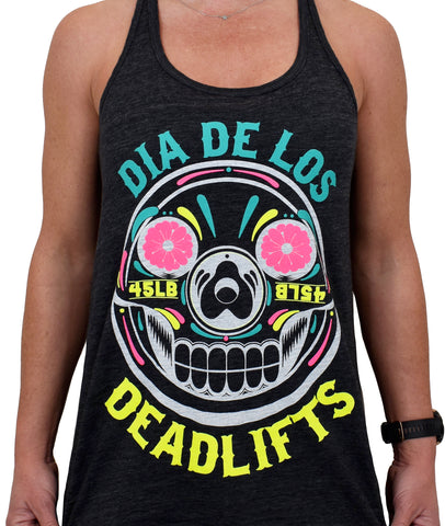 Women's 'Dia de los Deadlifts' Flowy Charcoal Tank - Neon Edition